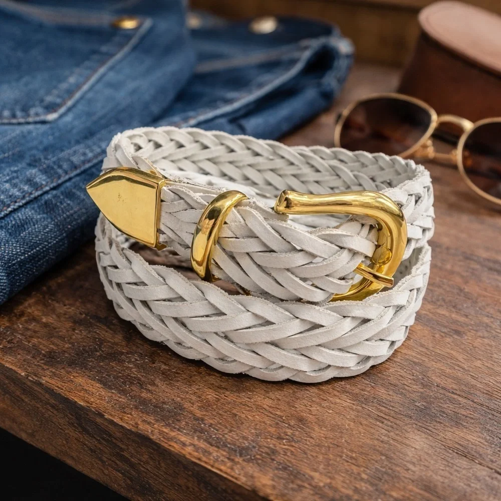 VTG Capezio Genuine Leather White Braided Belt Gold Buckle | Size S | Adjustable